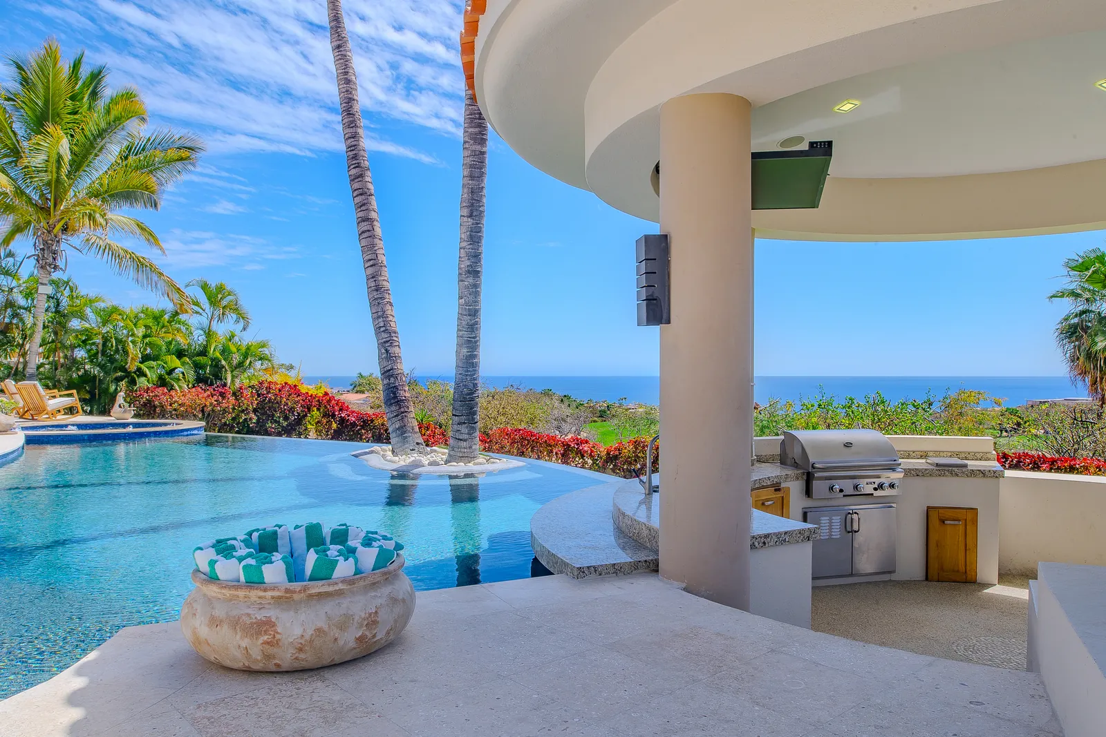 Pool, palapa, and grill with ocean view